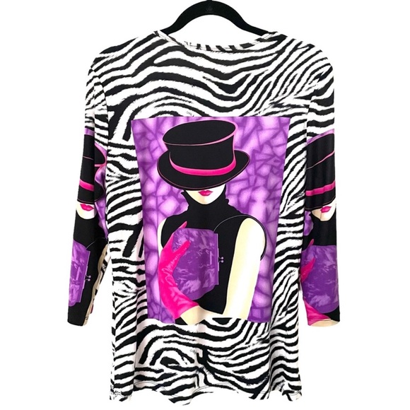 Peter Nygard soft stretchy vibrant 3/4 sleeve tee zebra print lady graphic - Picture 2 of 5